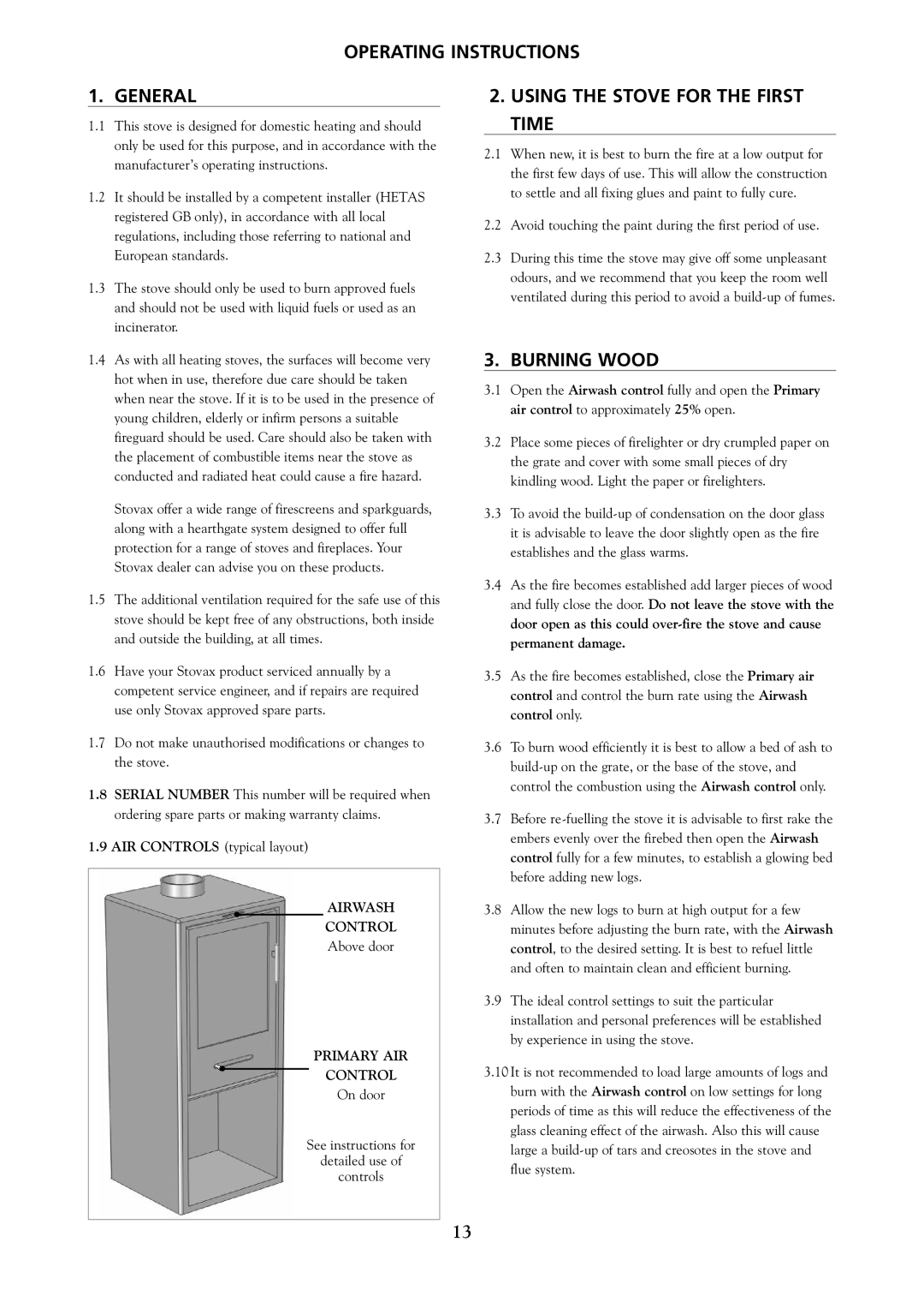 Yeoman 270, 250, 200, 280, 220, 210, 240 manual Operating Instructions General, Using the Stove for the First Time, Burning Wood 