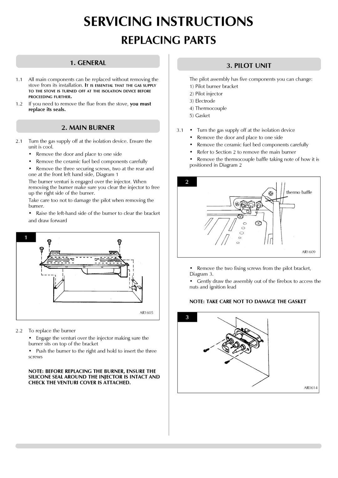 Yeoman 8455, 8456 manual Replacing Parts, Main Burner, Pilot Unit 