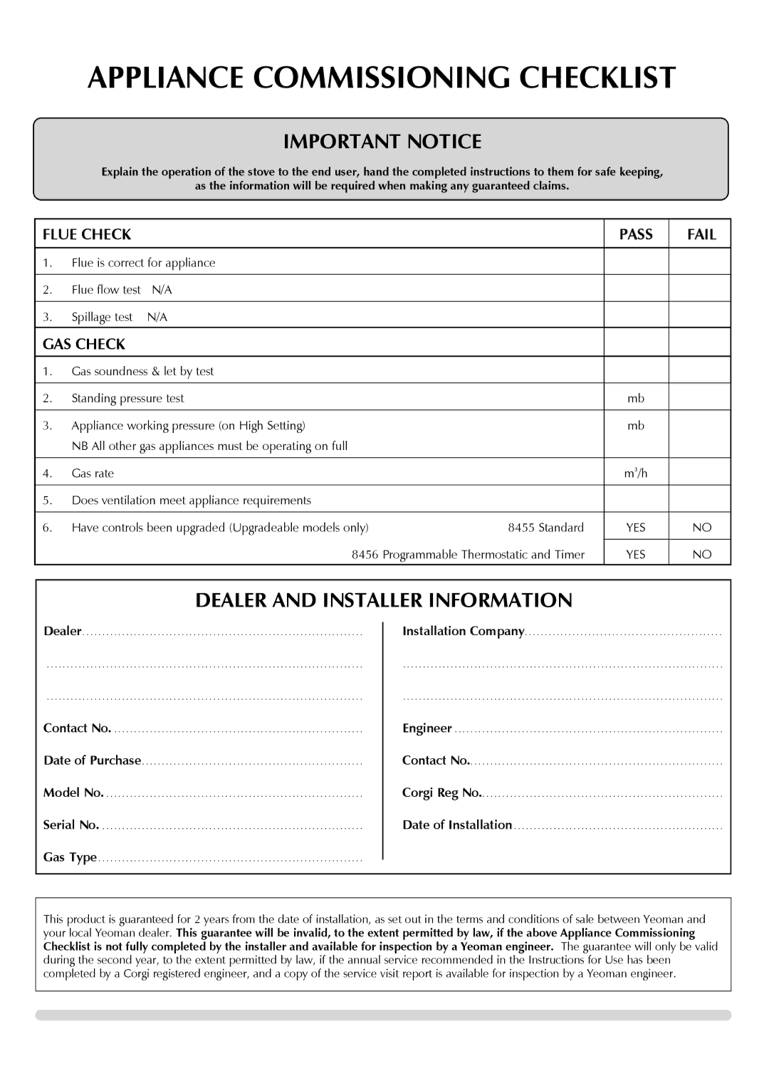 Yeoman 8455, 8456 manual Appliance Commissioning Checklist, Flue Check Pass, GAS Check 