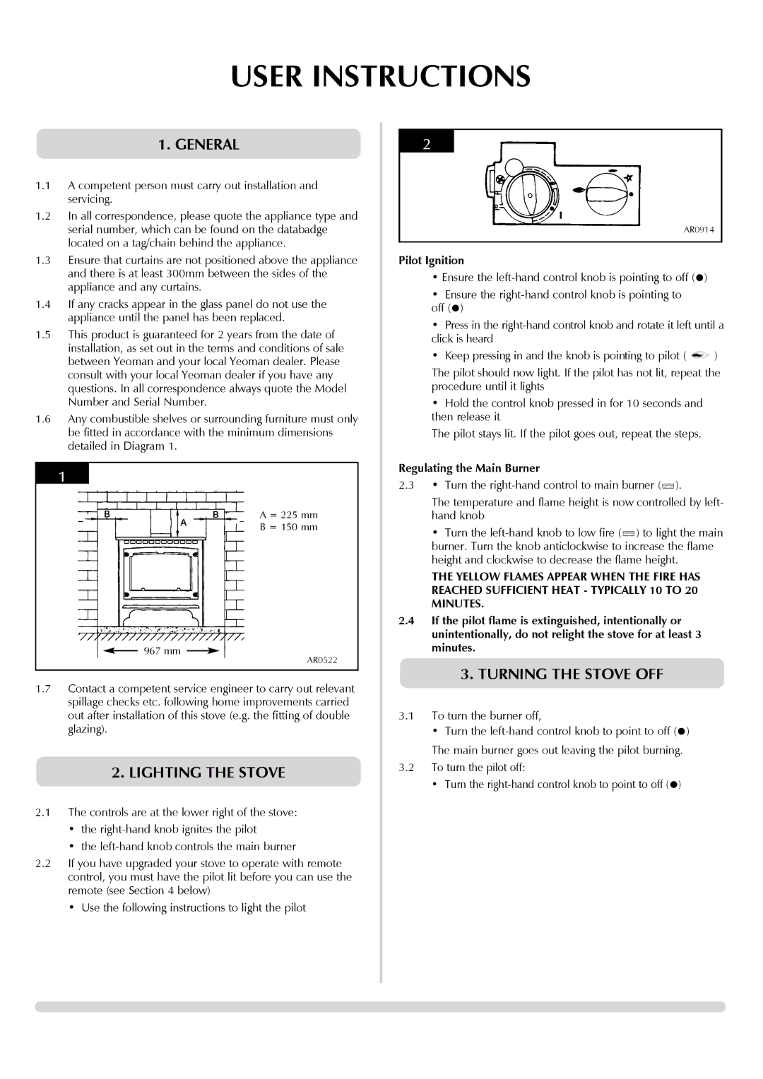 Yeoman 8456, 8455 manual User Instructions, General, Lighting the Stove, Turning the Stove OFF 