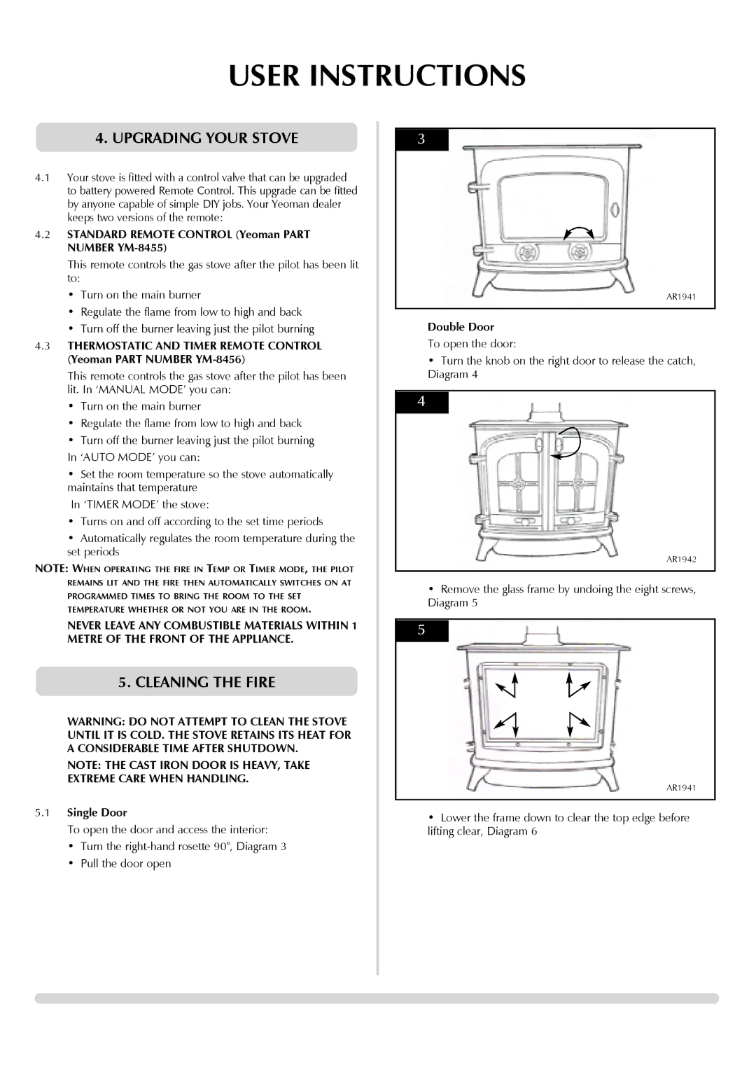 Yeoman 8456 Upgrading Your Stove, Cleaning the Fire, Standard Remote Control Yeoman Part Number YM-8455, Single Door 