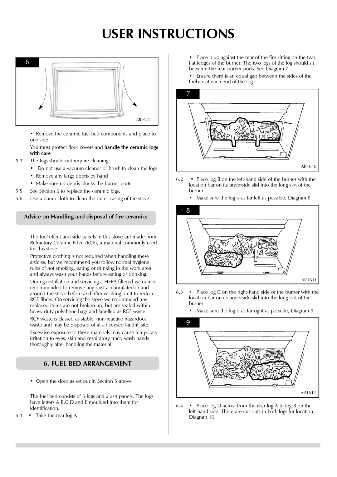 Yeoman 8456, 8455 manual Fuel BED Arrangement, Advice on Handling and disposal of fire ceramics 