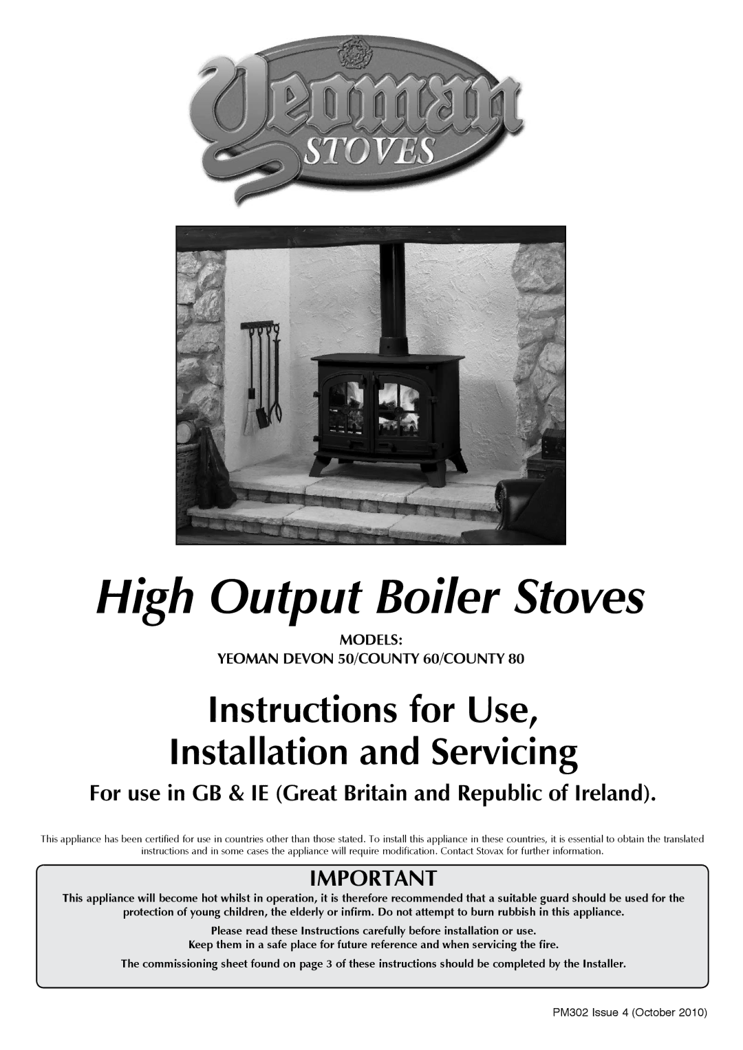 Yeoman DEVON 50 manual High Output Boiler Stoves, Models Yeoman Devon 50/county 60/county 