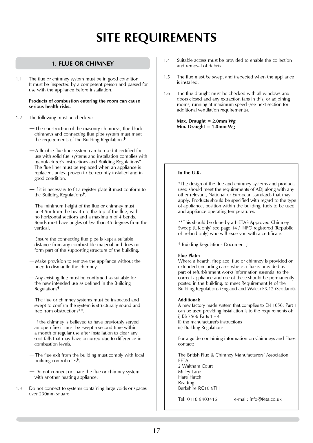 Yeoman DEVON 50 manual Site Requirements, Flue or Chimney, Max. Draught = 2.0mm Wg Min. Draught = 1.0mm Wg U.K, Flue Plate 