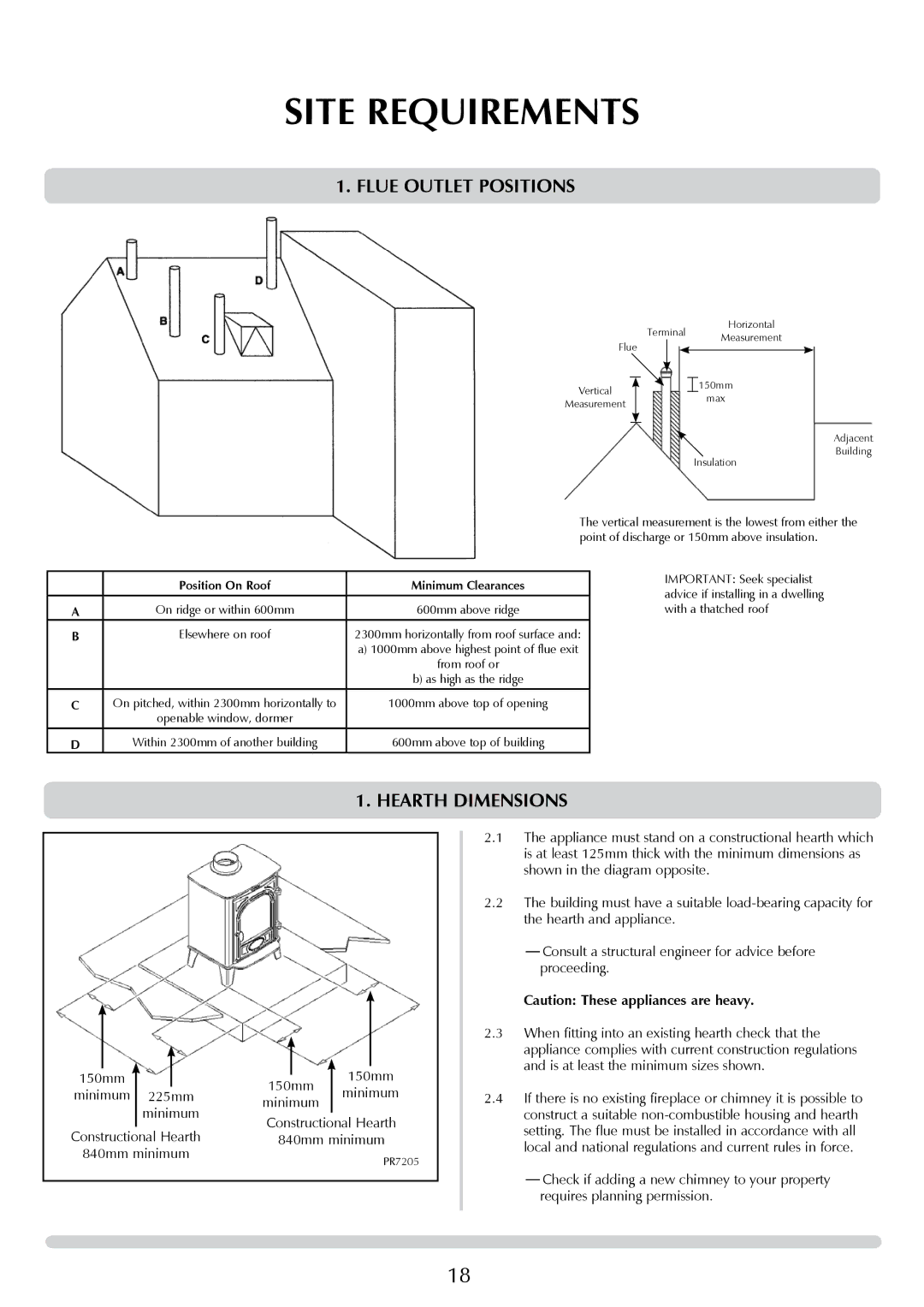 Yeoman DEVON 50 manual Flue Outlet Positions, Hearth Dimensions 