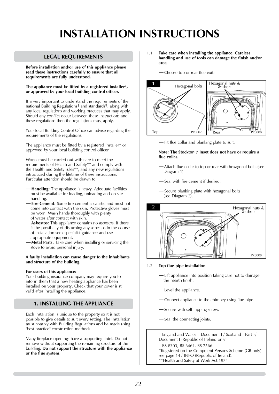 Yeoman DEVON 50 manual Installation Instructions, Legal requirements, Installing the Appliance, Top flue pipe installation 