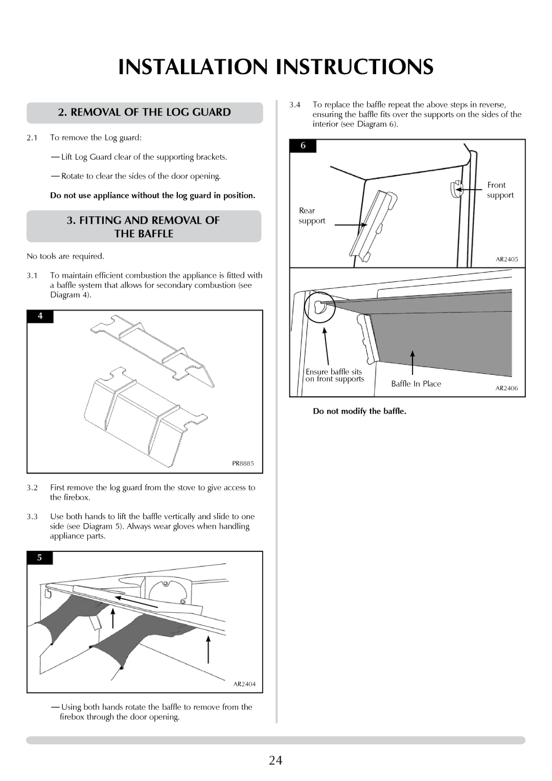 Yeoman DEVON 50 manual Removal of the LOG Guard, Fitting and Removal Baffle, Do not modify the baffle 