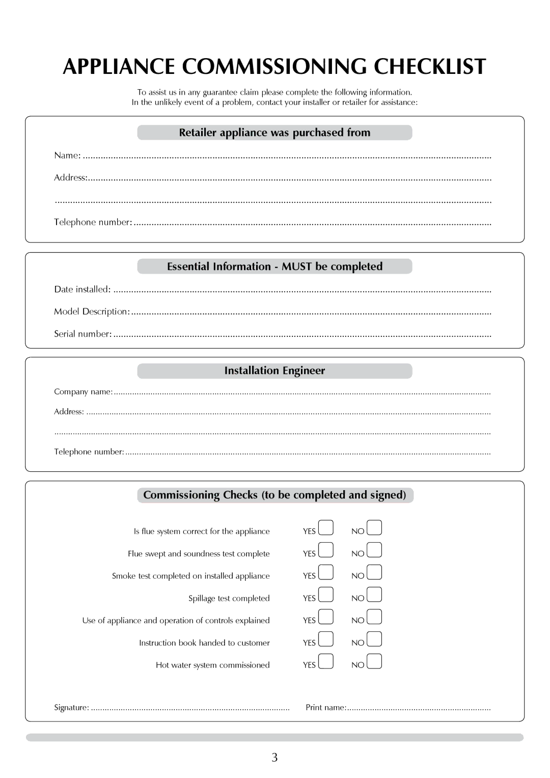 Yeoman DEVON 50 manual Appliance Commissioning Checklist, Retailer appliance was purchased from, Installation Engineer 