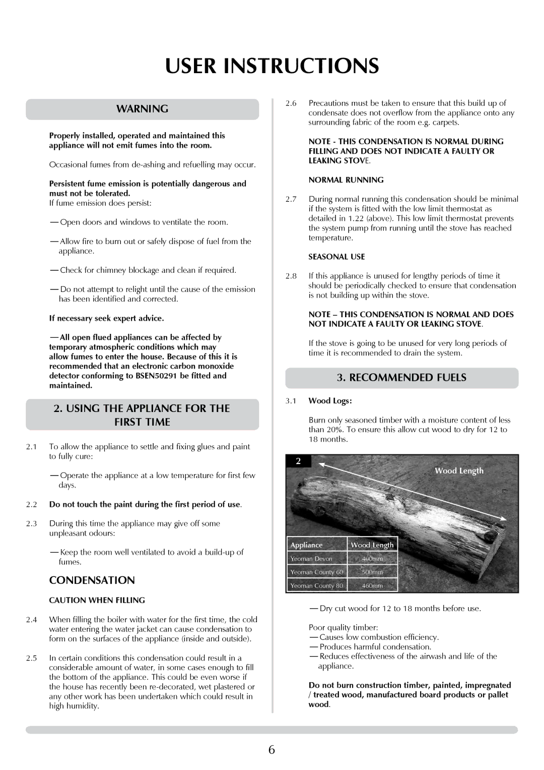 Yeoman DEVON 50 Using the Appliance for the First Time, Condensation, Recommended Fuels, Normal Running, Seasonal USE 