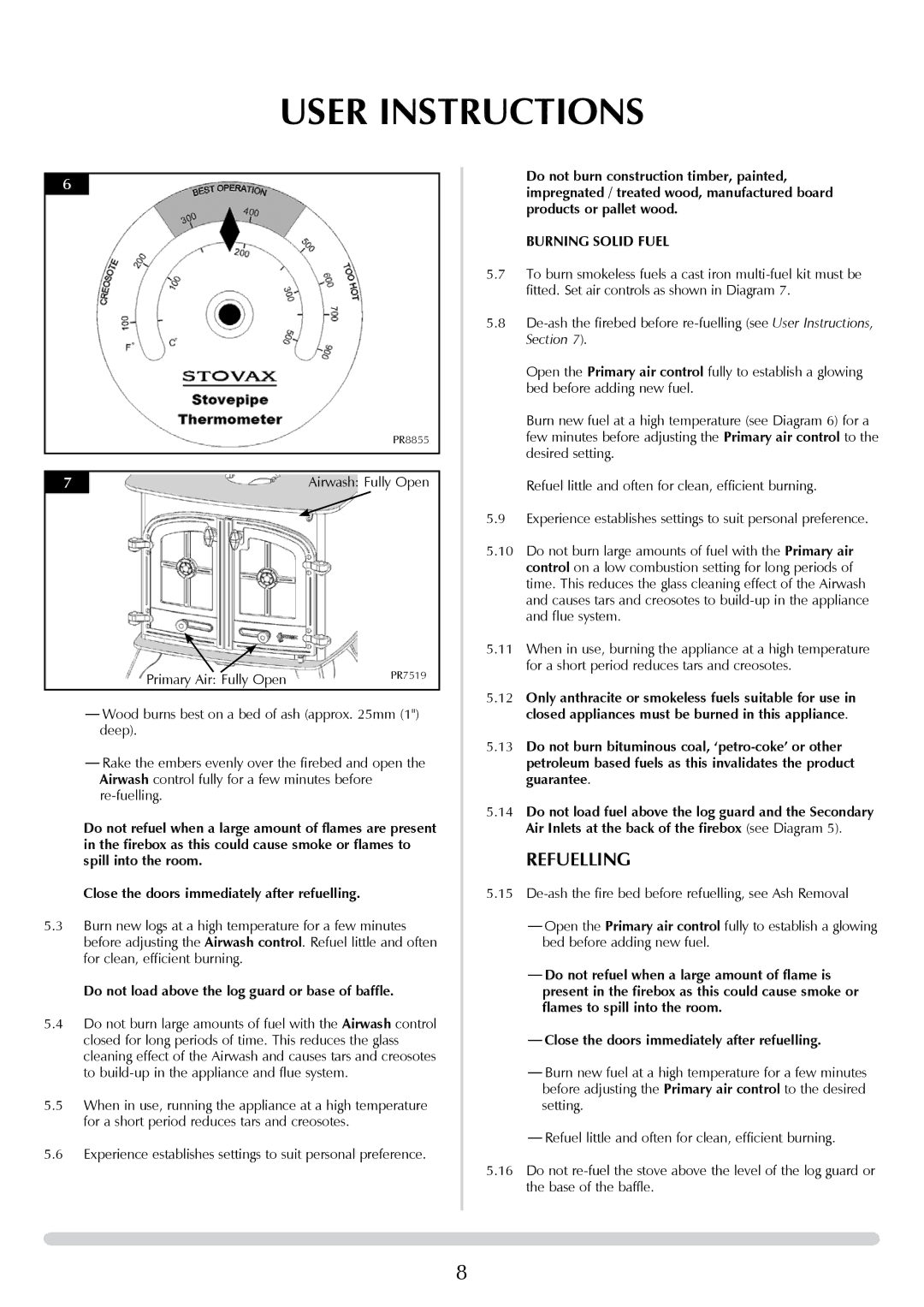 Yeoman DEVON 50 manual Refuelling, Do not load above the log guard or base of baffle, Burning Solid Fuel 