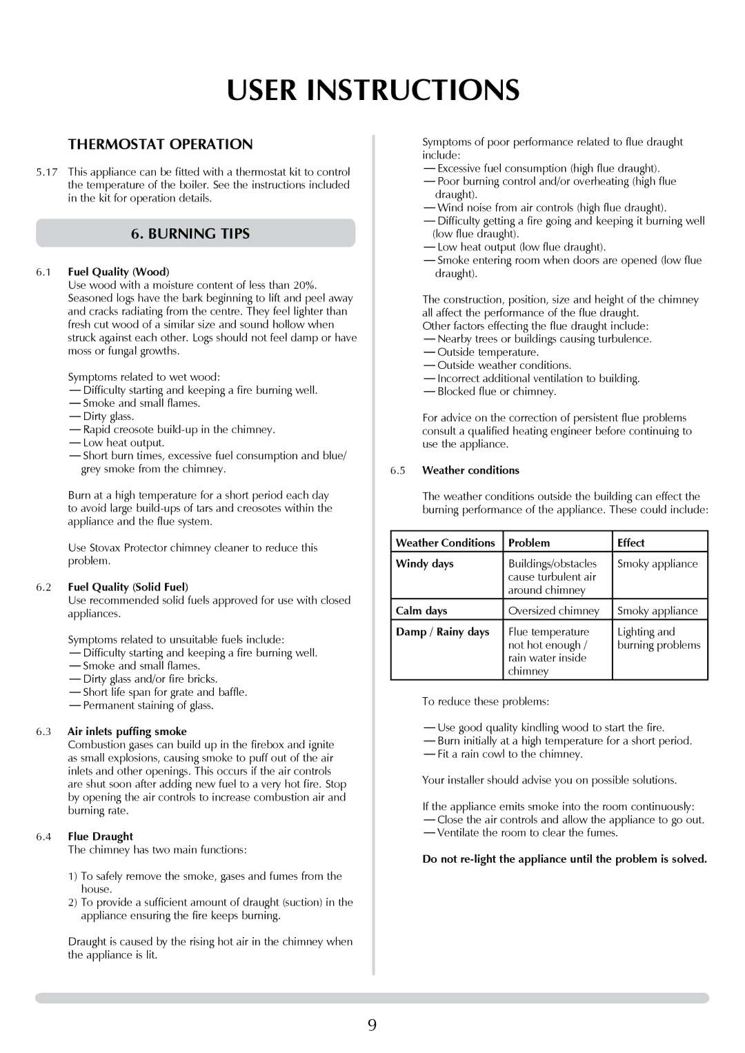 Yeoman DEVON 50 manual Thermostat Operation, Burning tips 