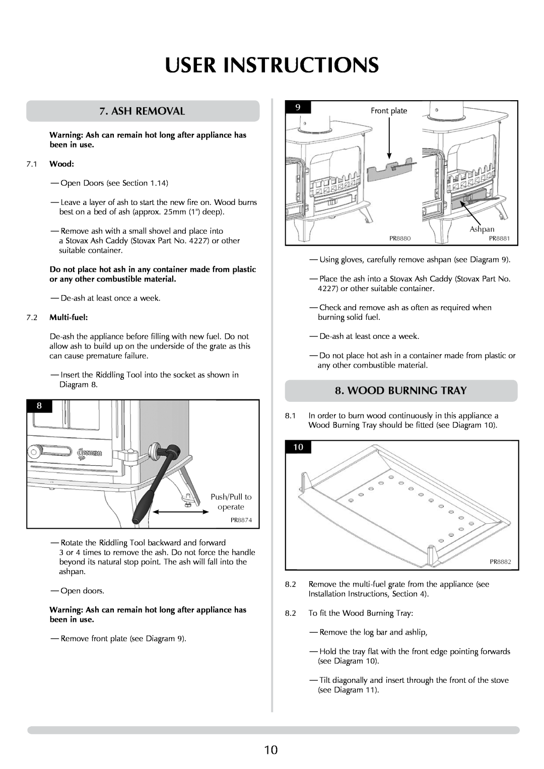 Yeoman DEVON 50 manual Ash Removal, Wood burning tray, User Instructions 