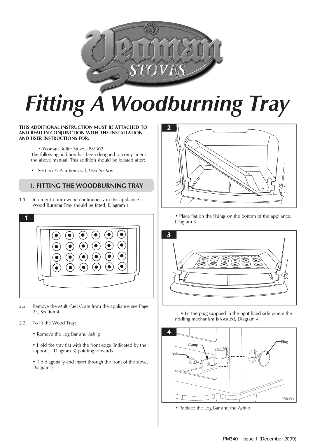 Yeoman PM302 manual Fitting a Woodburning Tray, Fitting the Woodburning tray 