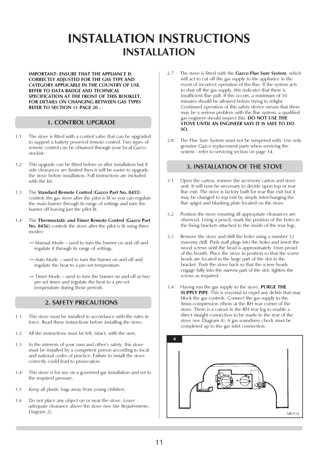 Yeoman PR1145 instruction manual Control upgrade, Safety precautions, Installation of the stove 