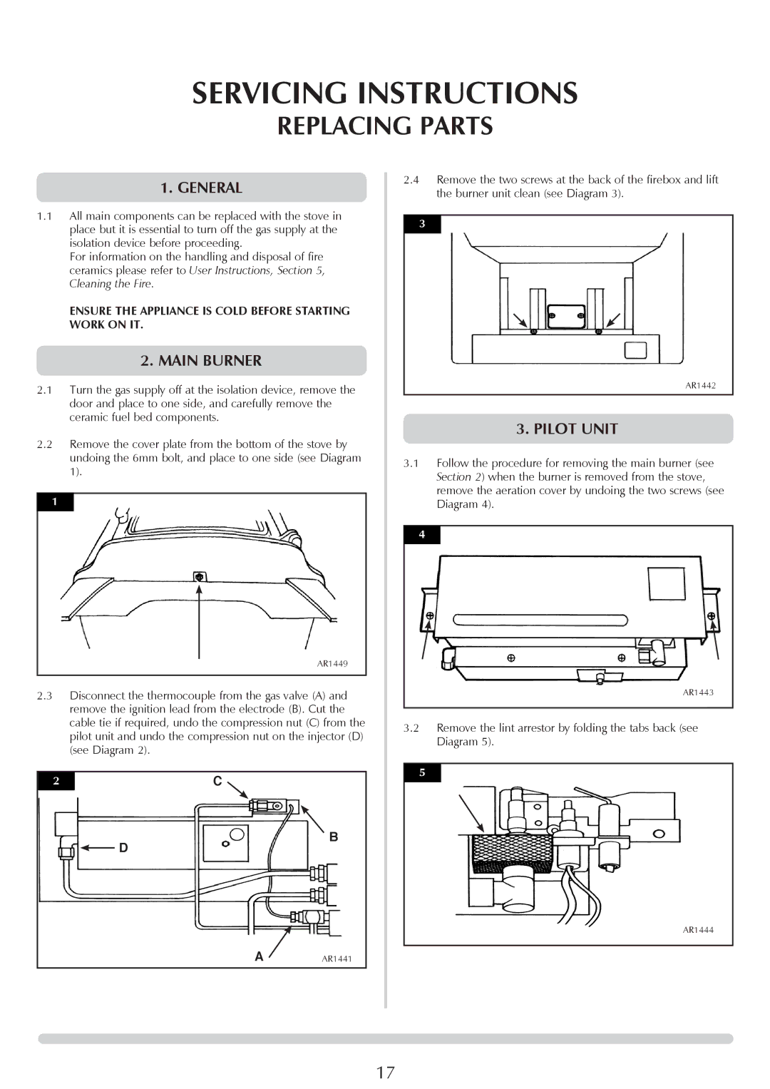 Yeoman PR1145 instruction manual Replacing Parts, General, Main burner, Pilot unit 