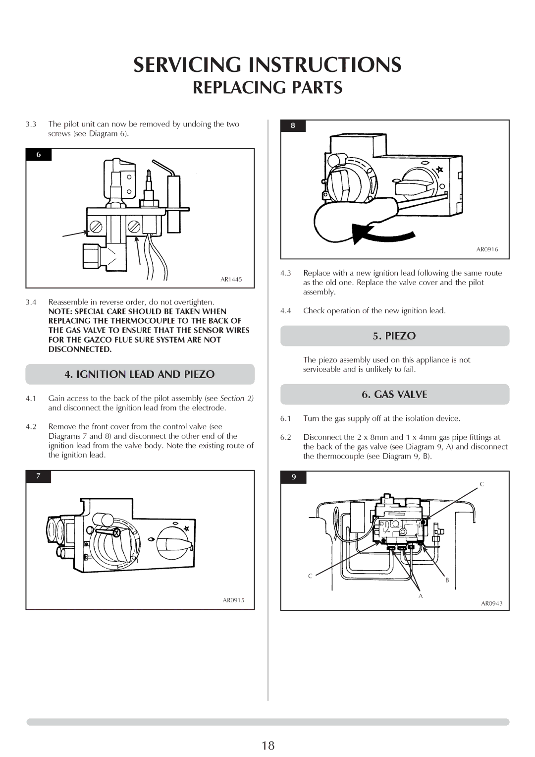 Yeoman PR1145 instruction manual Ignition lead and piezo, Piezo, Gas valve 