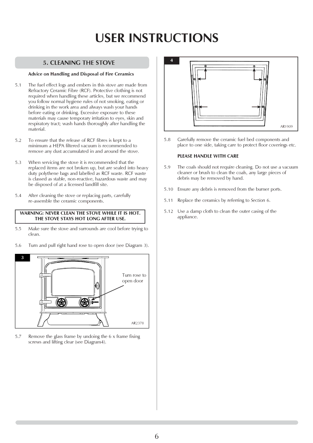 Yeoman PR1145 instruction manual Cleaning the stove, Advice on Handling and Disposal of Fire Ceramics 