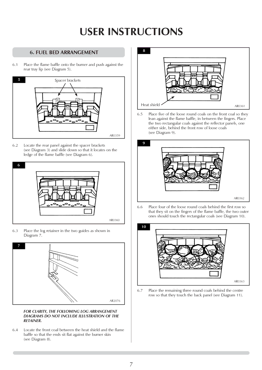Yeoman PR1145 instruction manual User Instructionsheading, Fuel bed arrangement 