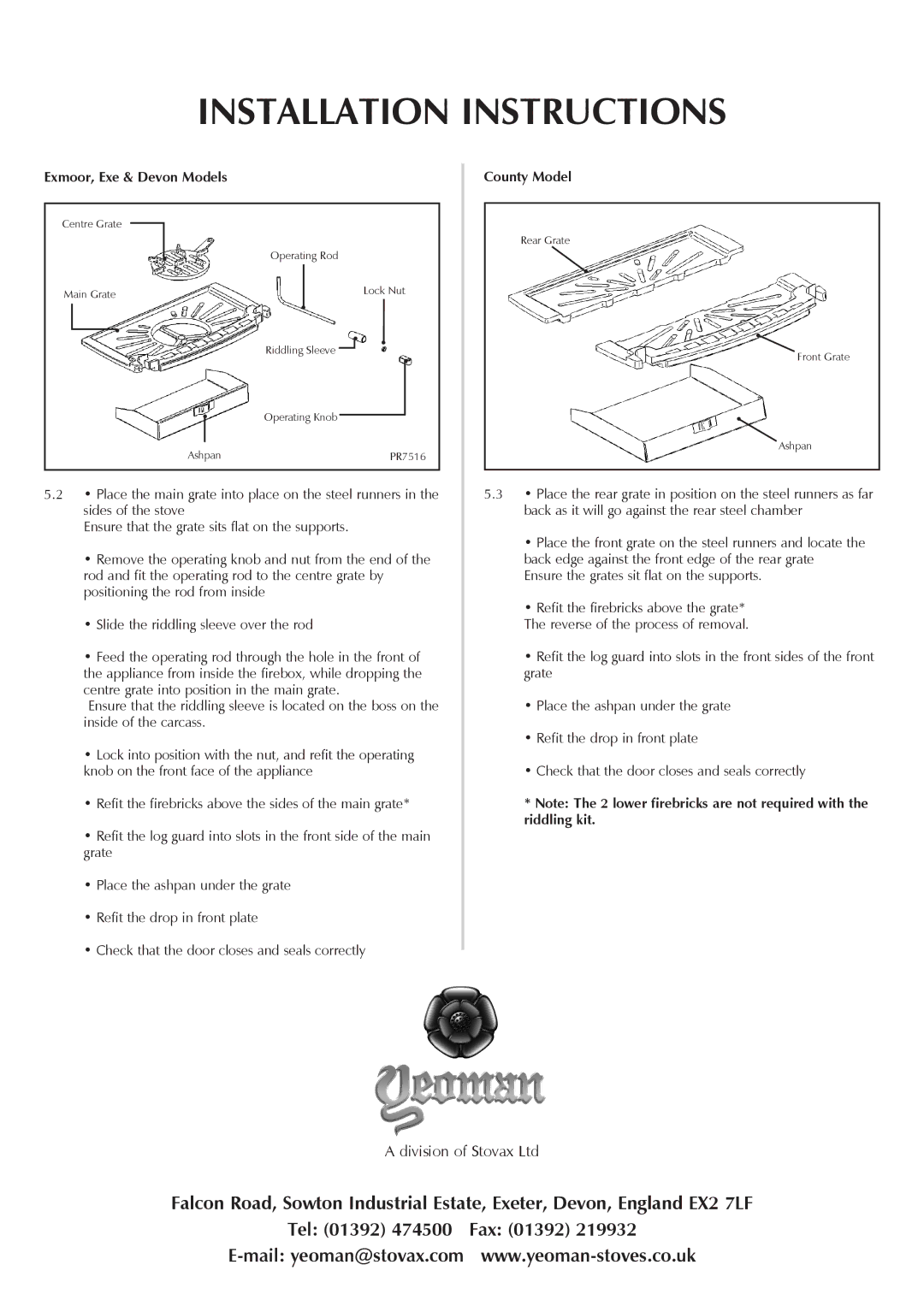 Yeoman YM-A9340CE, YM-A9240CE, YM-A9140CE, YM-A9040CE Installation Instructions, Exmoor, Exe & Devon Models, County Model 