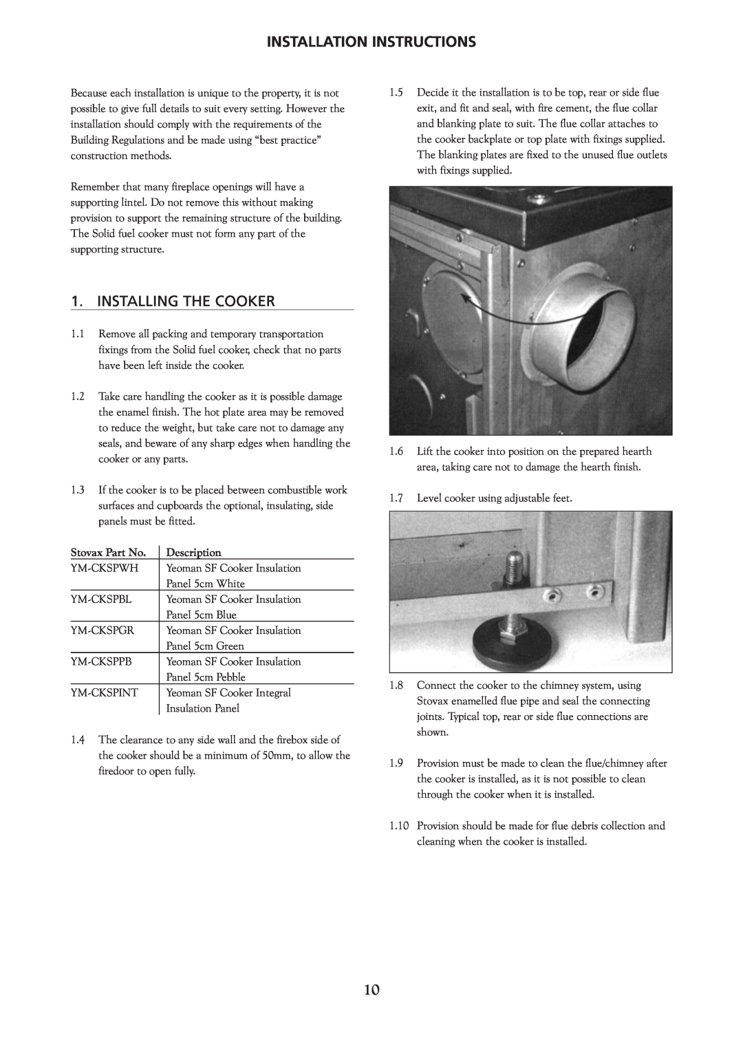 Yeoman YM-CKWDGR-L, YM-CKWDWH-L, YM-CKWDPB-R Installing The Cooker, Installation Instructions, Stovax Part No, Description 