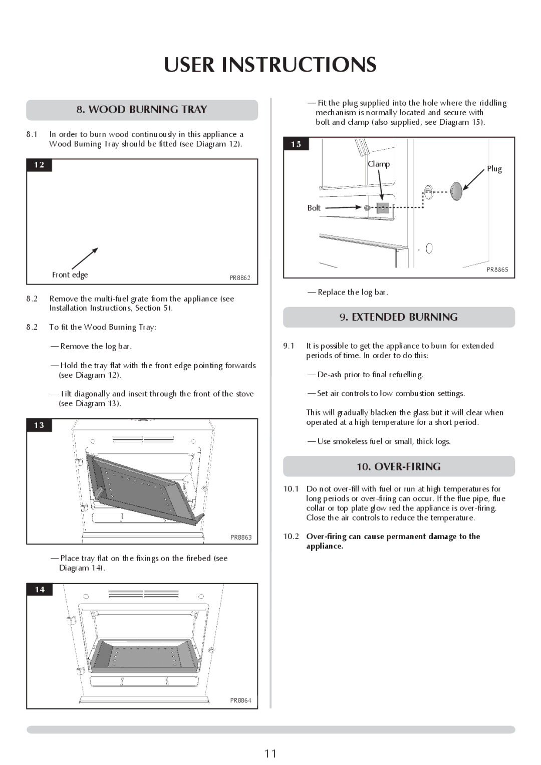 Yeoman YM-CL8HB Wood burning tray, Extended burning, Over-Firing, Over-firing can cause permanent damage to the appliance 