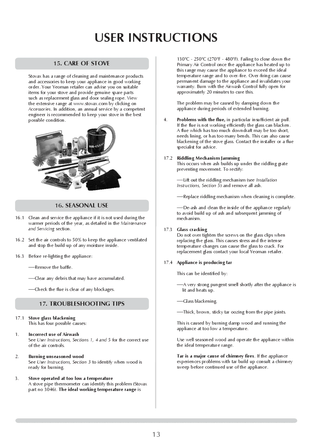 Yeoman YM-CL8HB manual Care of stove Seasonal use, Troubleshooting tips 