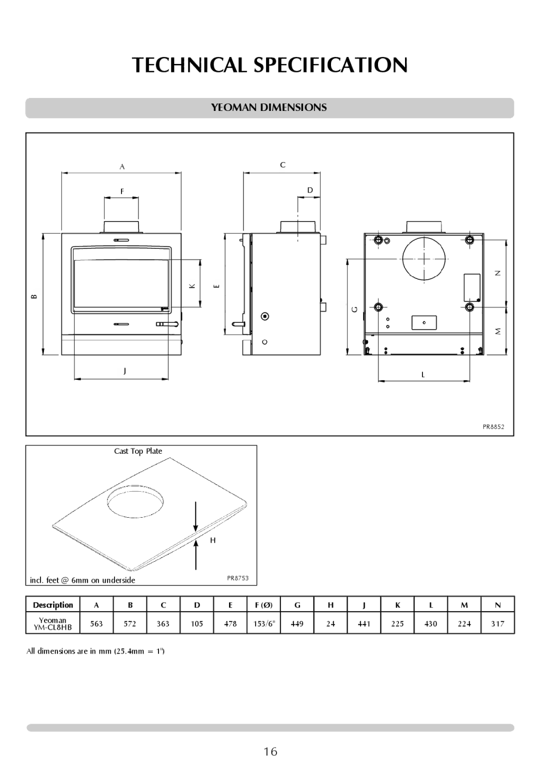 Yeoman YM-CL8HB manual Yeoman Dimensions, Cast Top Plate Incl. feet @ 6mm on underside, All dimensions are in mm 25.4mm = 