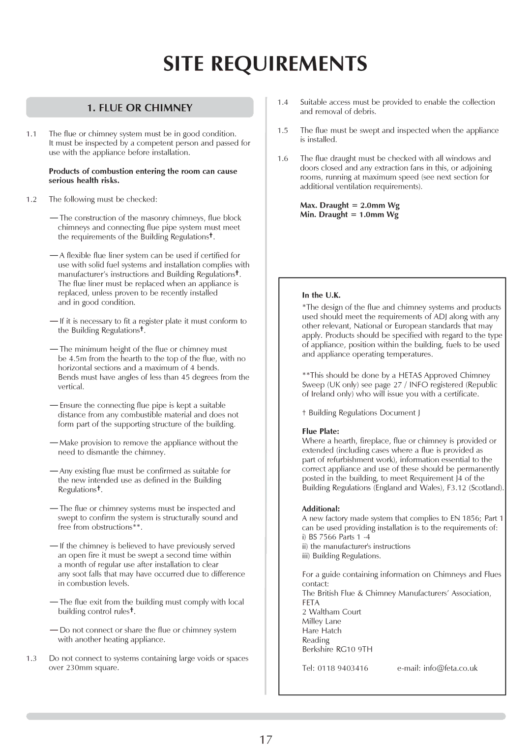 Yeoman YM-CL8HB manual Site Requirements, Flue or Chimney, Max. Draught = 2.0mm Wg Min. Draught = 1.0mm Wg U.K, Flue Plate 