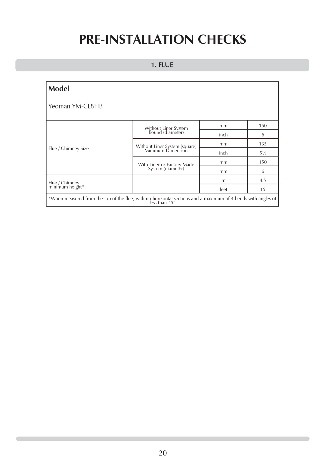 Yeoman YM-CL8HB PRE-INSTALLATION Checks, Without Liner System 150, Flue / Chimney Size, Flue / Chimney Minimum height 