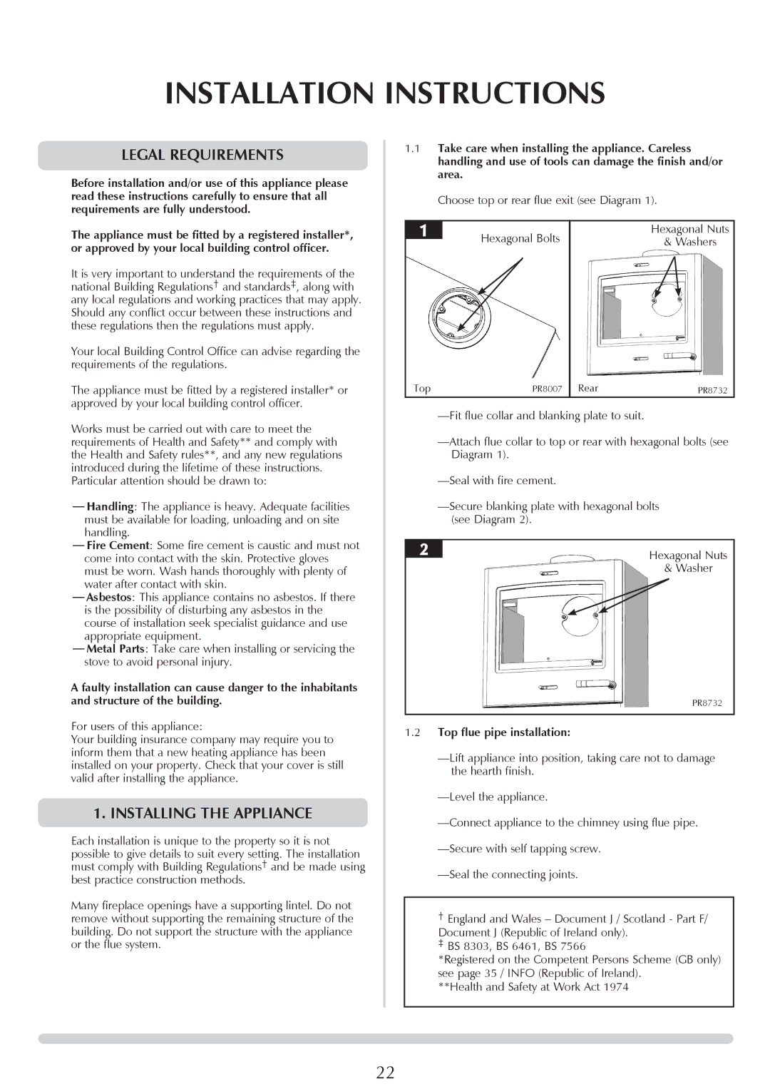 Yeoman YM-CL8HB manual Installation Instructions, Legal requirements, Installing the Appliance, Top flue pipe installation 