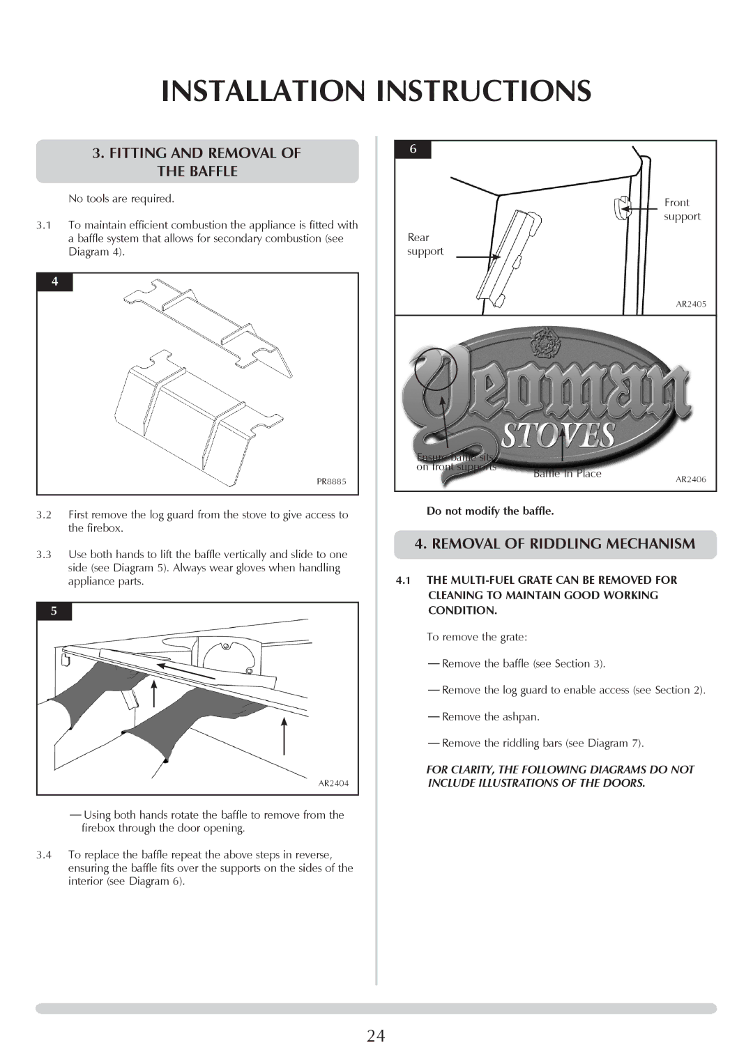 Yeoman YM-CL8HB manual Fitting and Removal of the Baffle, Removal of Riddling Mechanism, Do not modify the baffle 