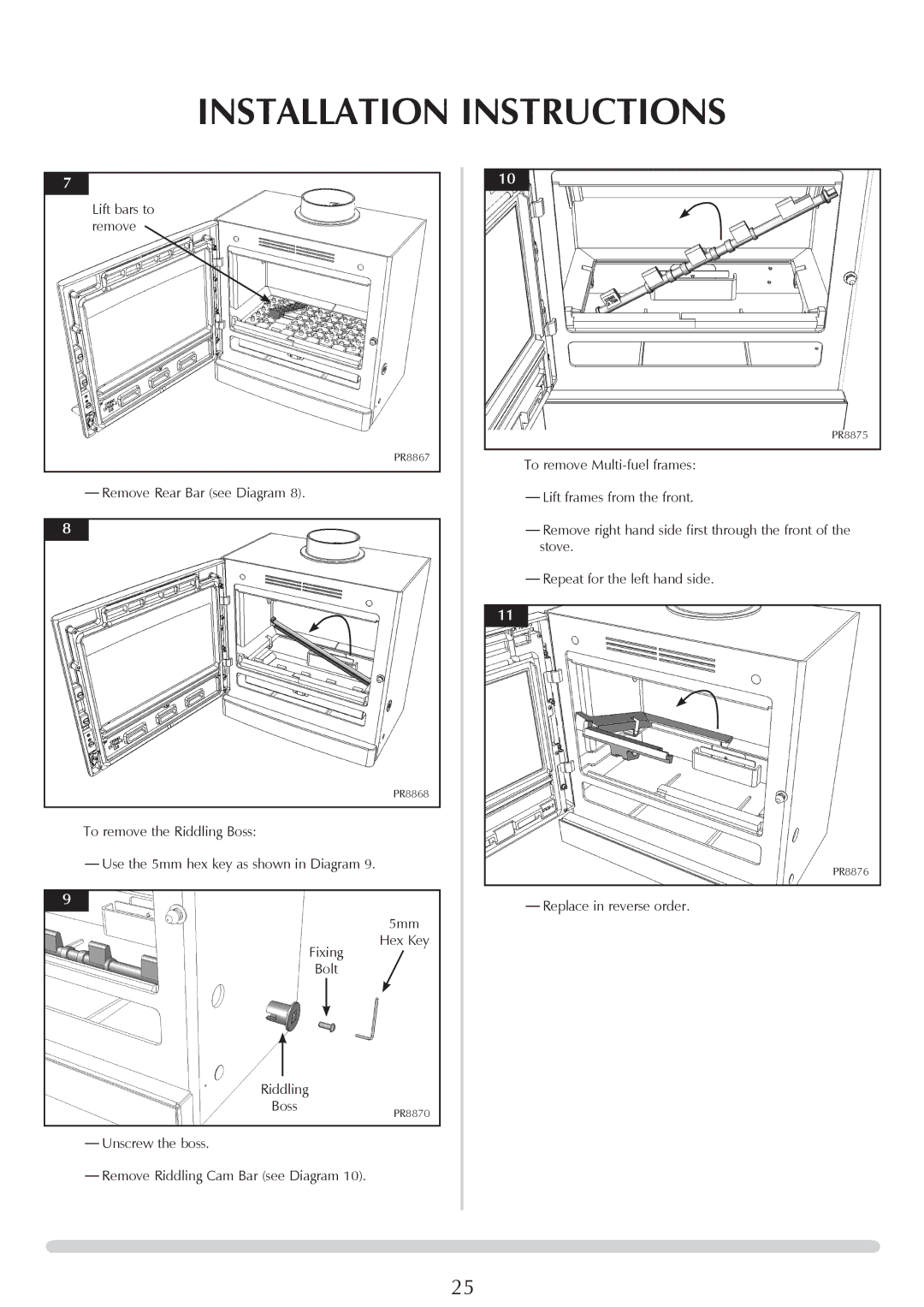 Yeoman YM-CL8HB manual Lift bars to remove, Remove Rear Bar see Diagram, Unscrew the boss, Replace in reverse order 