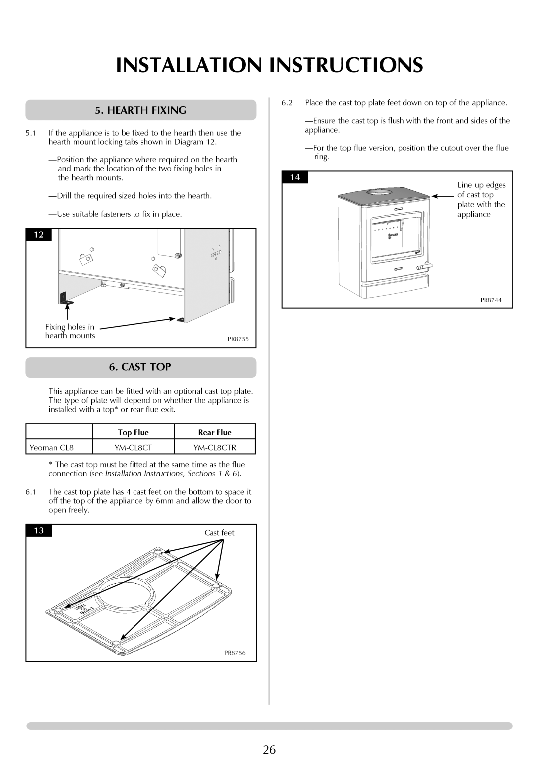 Yeoman YM-CL8HB manual Hearth Fixing, Cast TOP, Fixing holes Hearth mounts, Top Flue Rear Flue, Yeoman CL8 