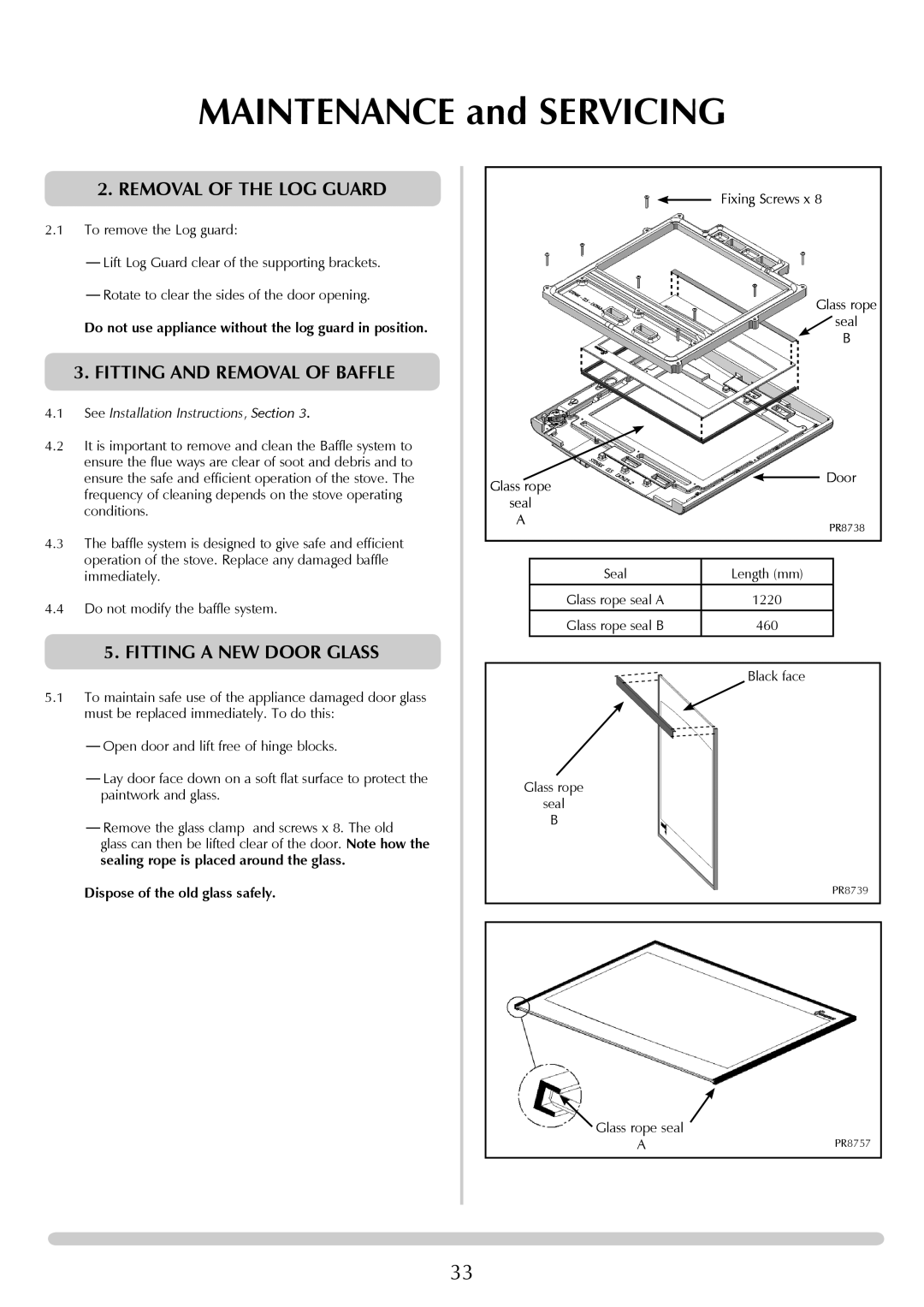 Yeoman YM-CL8HB manual Removal of the LOG Guard, Fitting and Removal of Baffle, Fitting a NEW Door Glass 