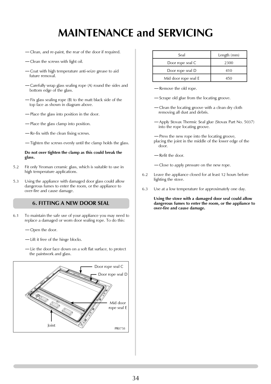 Yeoman YM-CL8HB manual Fitting a new door seal, Do not over tighten the clamp as this could break the glass 