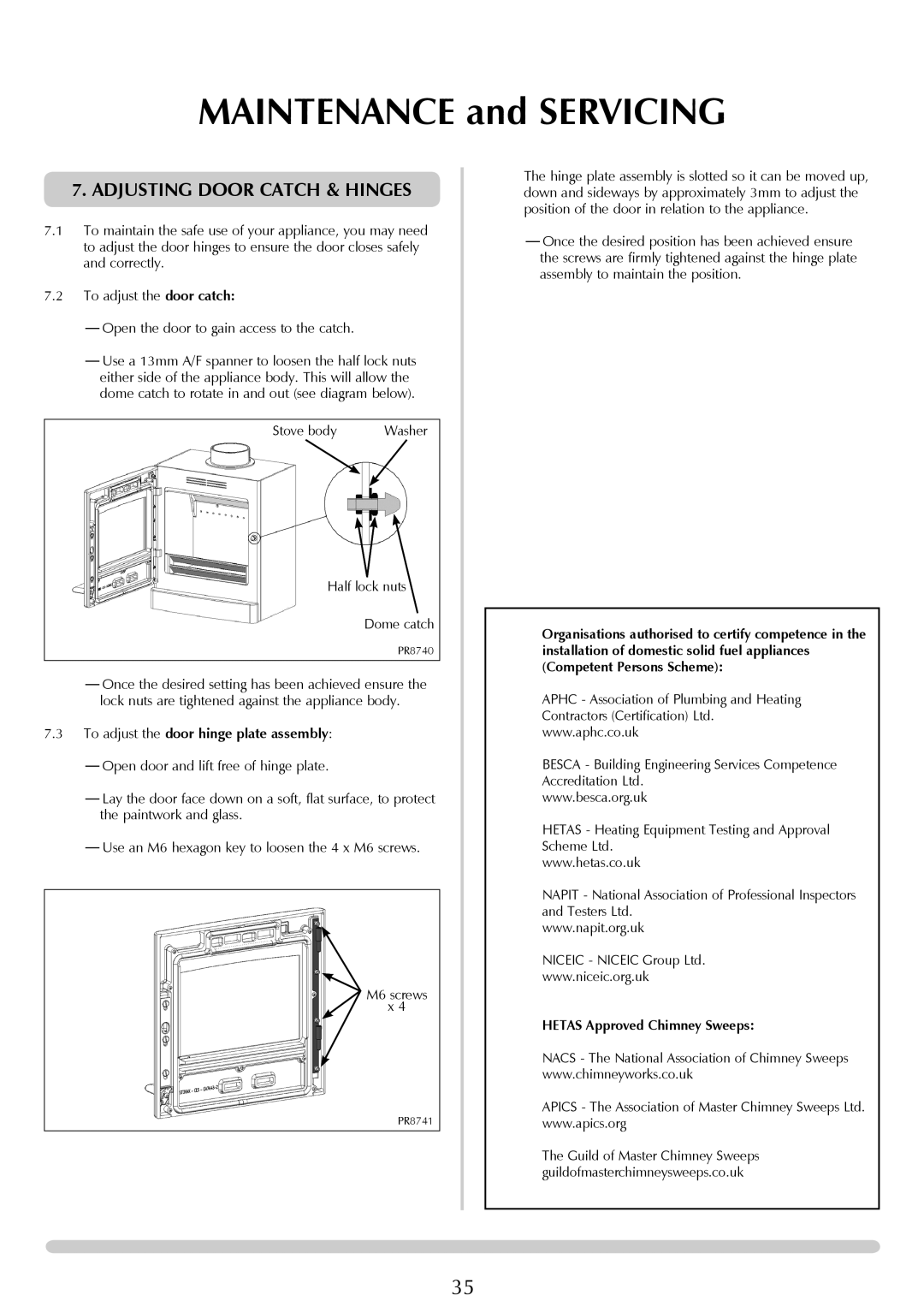 Yeoman YM-CL8HB Adjusting Door Catch & Hinges, To adjust the door hinge plate assembly, Hetas Approved Chimney Sweeps 