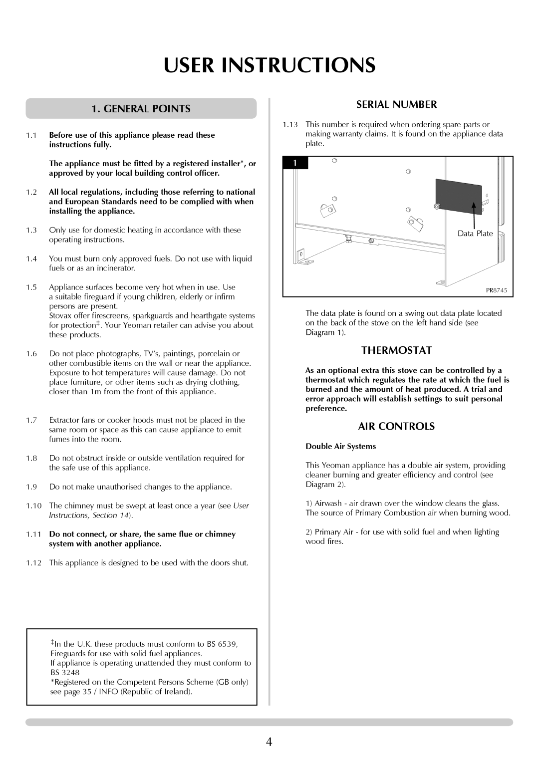 Yeoman YM-CL8HB manual User Instructions, General Points, Serial Number, Thermostat, AIR Controls 