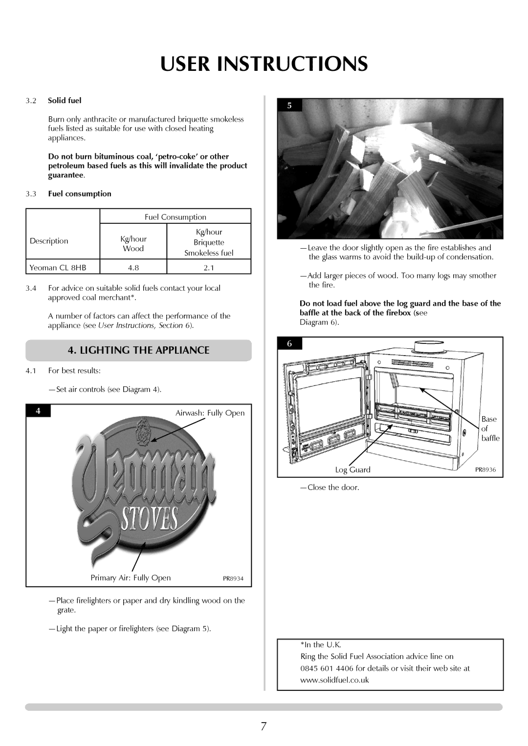 Yeoman YM-CL8HB manual Lighting the Appliance, Solid fuel 