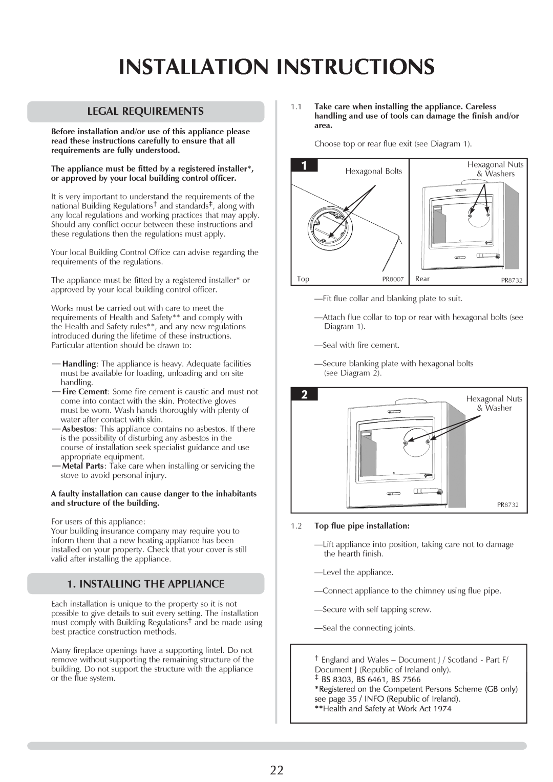 Yeoman YM-CL8HB Installation Instructions, Legal requirements, INSTALLING THE Appliance, 1.2Top flue pipe installation 