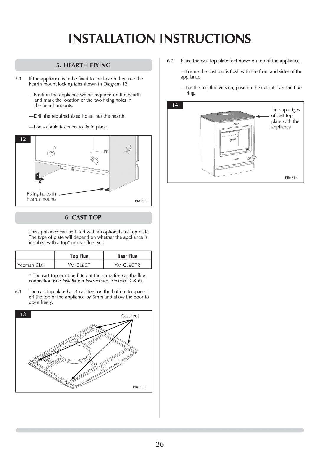 Yeoman YM-CL8HB manual Hearth Fixing, Cast Top, Installation Instructions, Top Flue, Rear Flue 