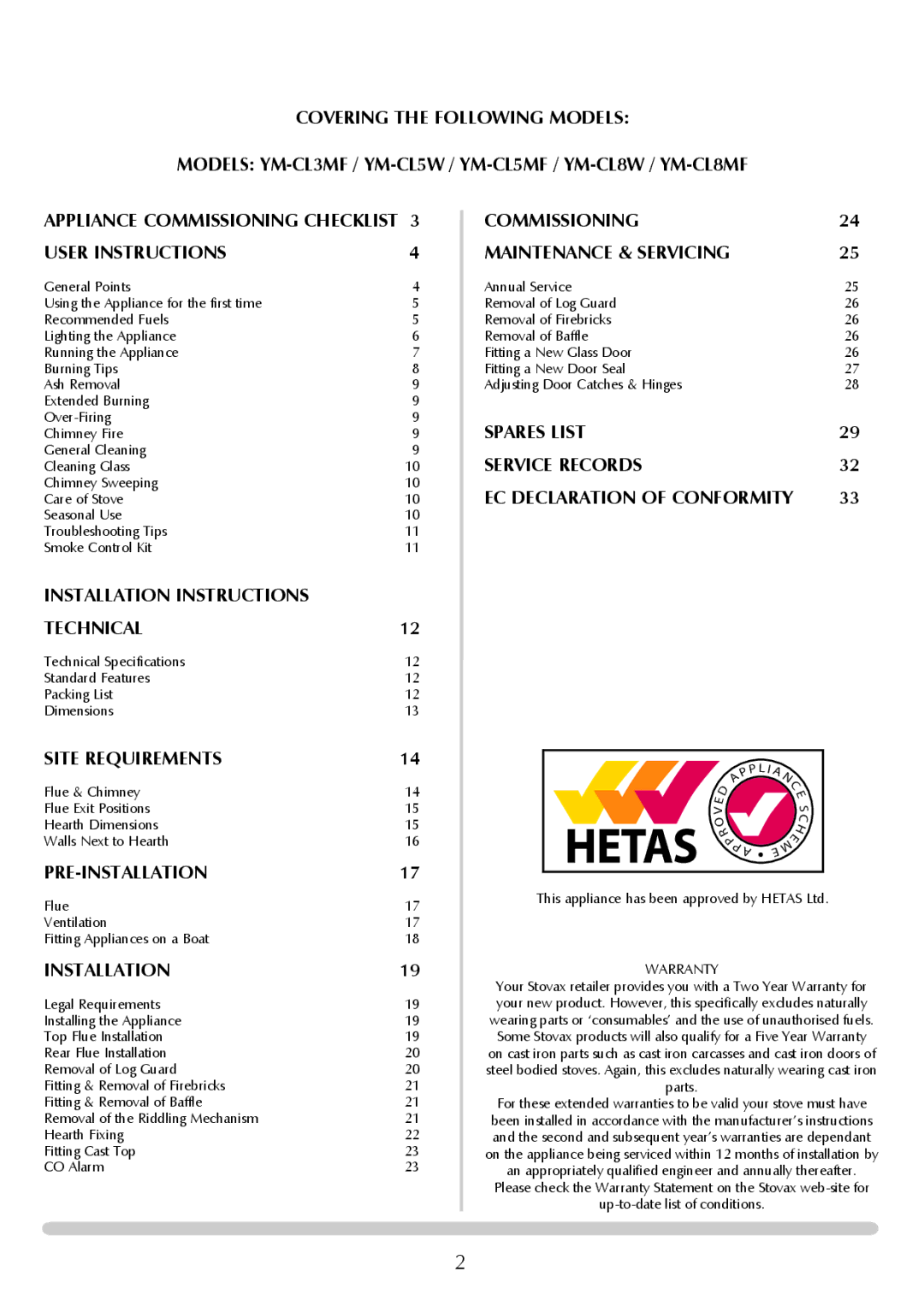 Yeoman YM-CL8MF Appliance Commissioning Checklist User Instructions, Installation Instructions Technical, Pre-Installation 