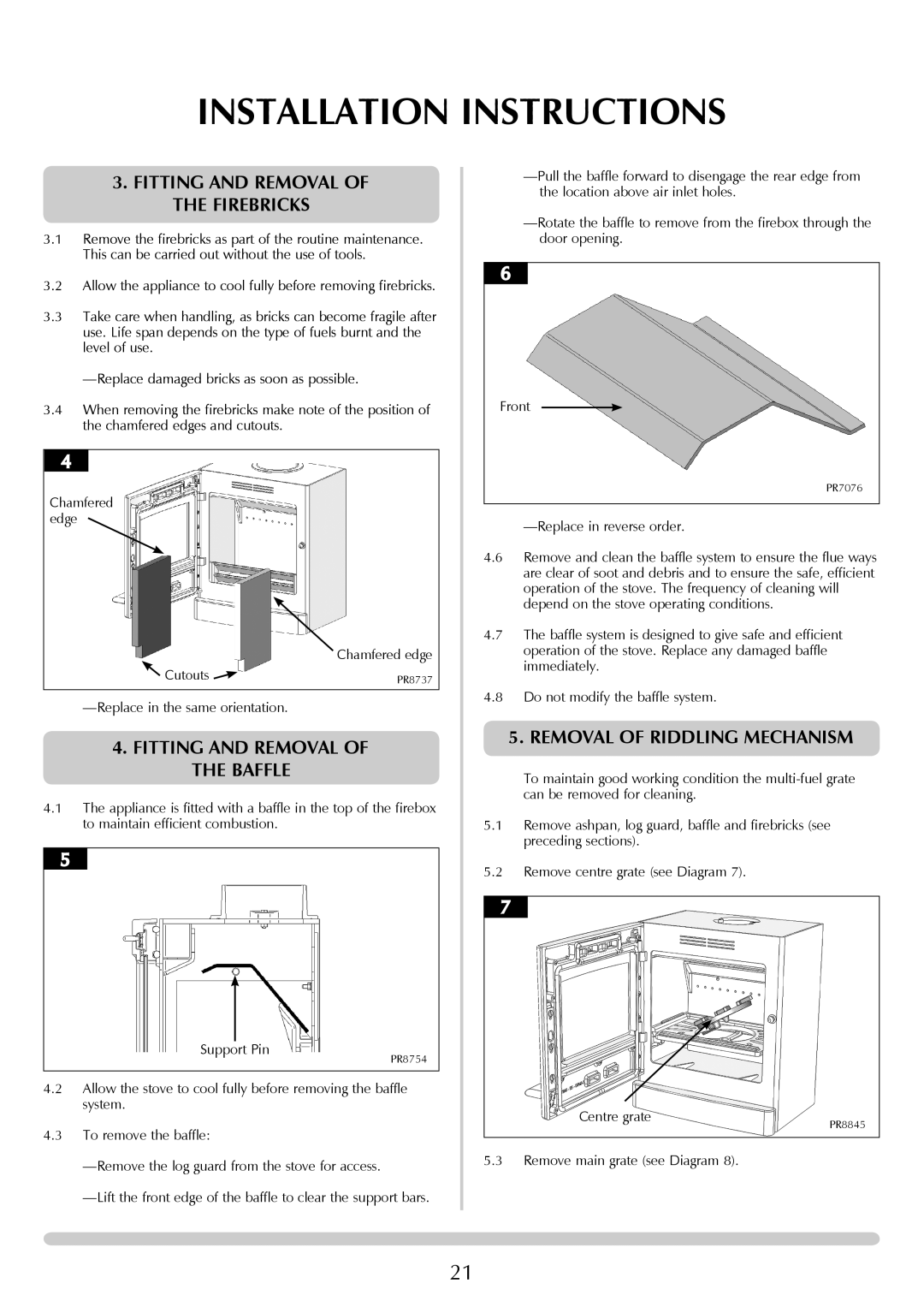 Yeoman YM-CL5W Fitting and Removal of the Firebricks, Fitting and Removal of the Baffle, Removal of Riddling Mechanism 