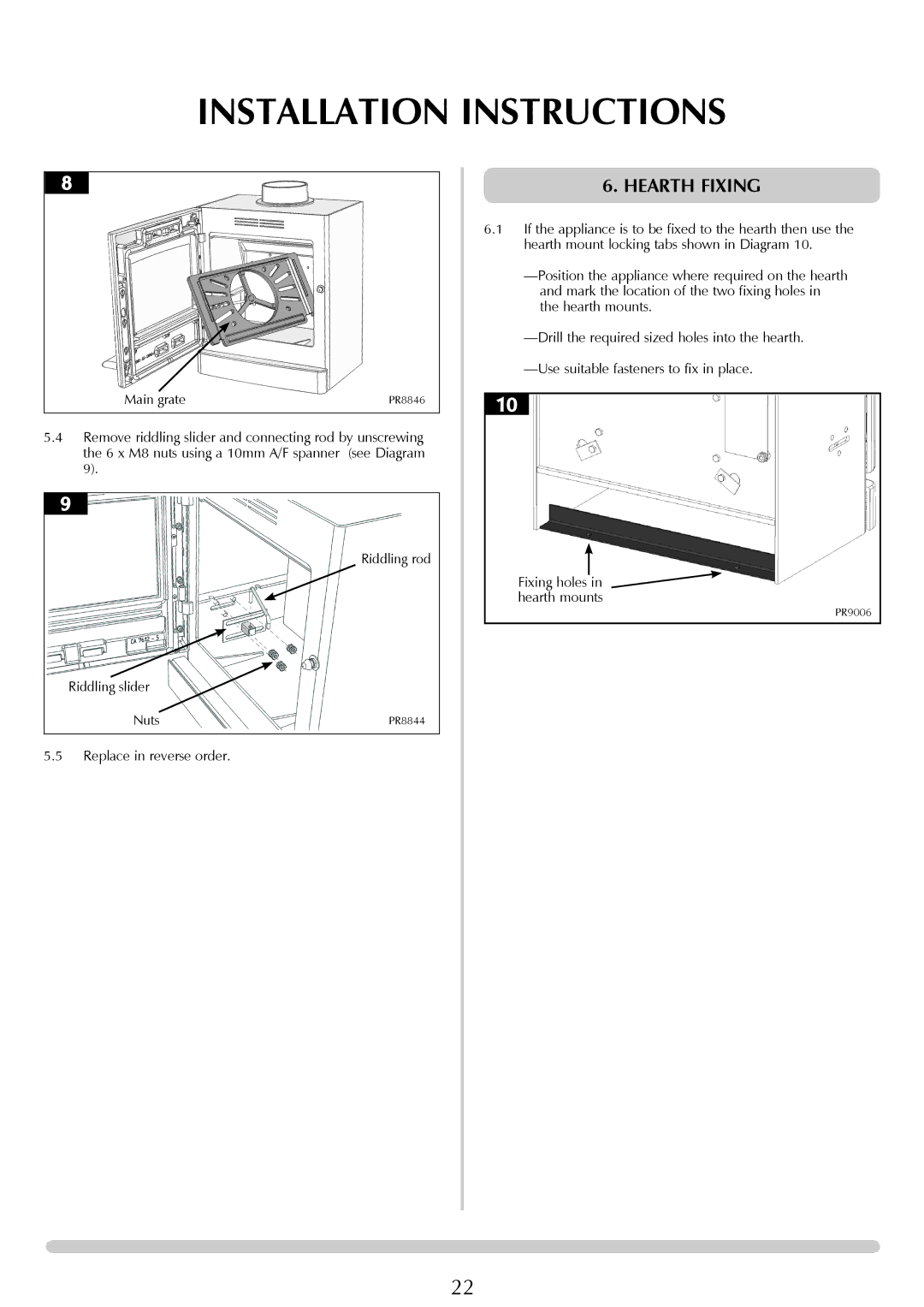 Yeoman YM-CL8MF, YM-CL8W, YM-CL5W, YM-CL3MF, YM-CL5MF manual Hearth Fixing, Main grate, Replace in reverse order 