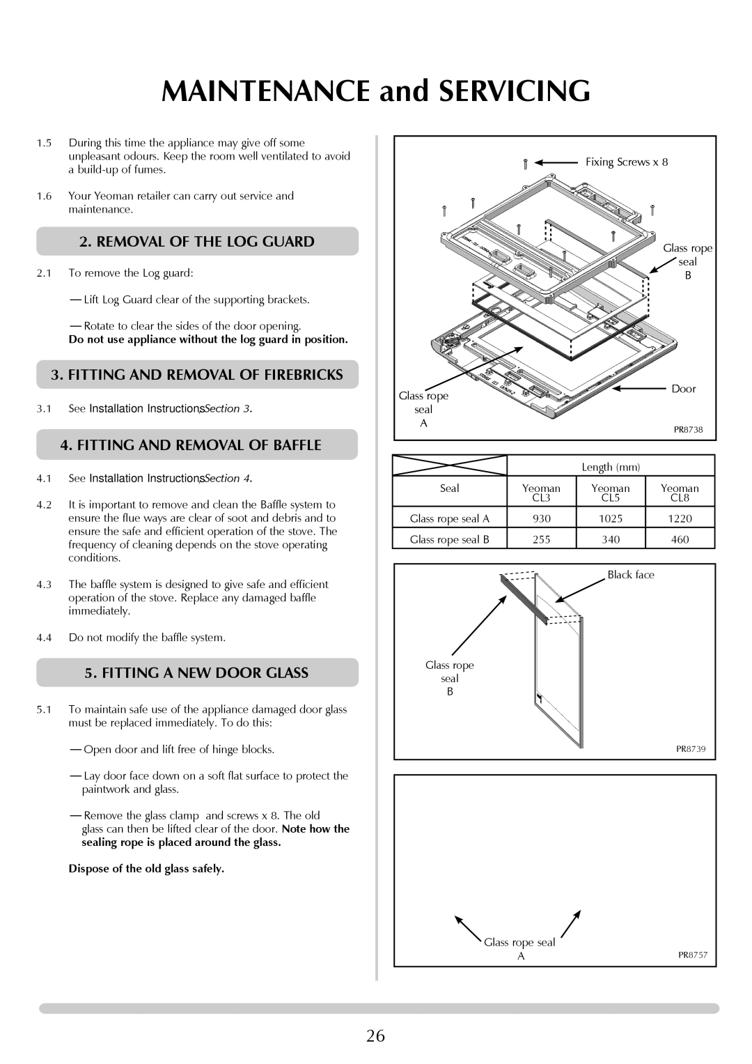 Yeoman YM-CL5W, YM-CL8W manual Removal of the LOG Guard, Fitting and Removal of Firebricks, Fitting and Removal of Baffle 