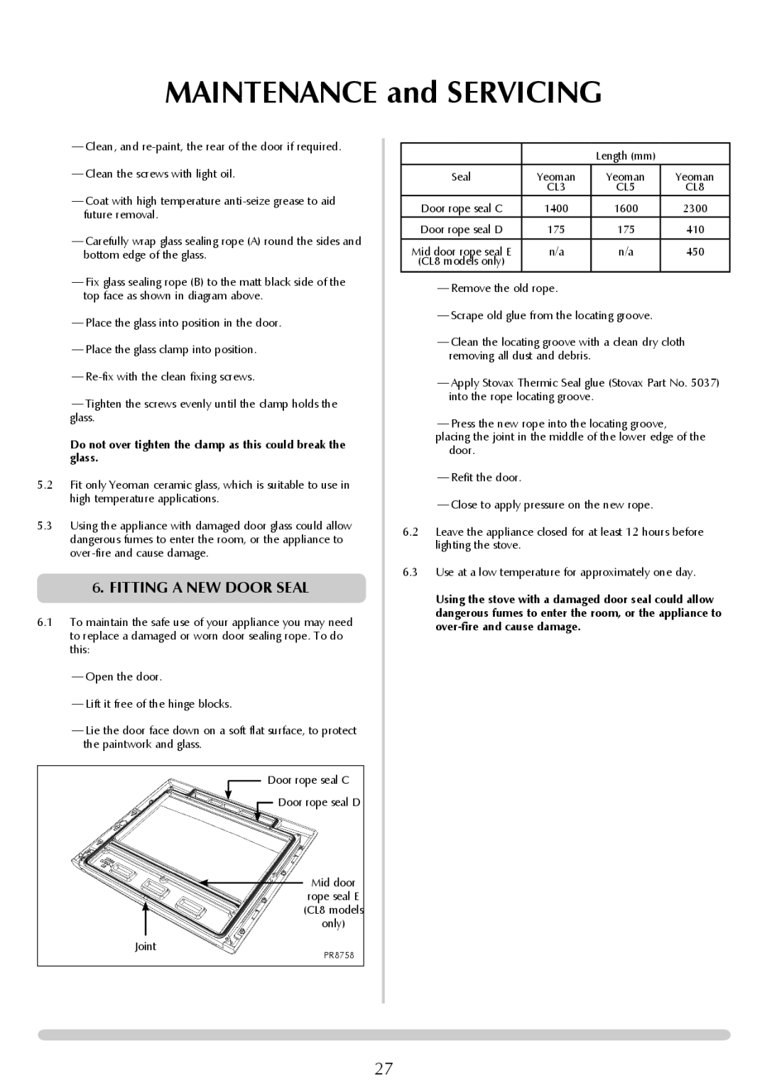 Yeoman YM-CL8MF, YM-CL8W, YM-CL5W manual Fitting a new door seal, Do not over tighten the clamp as this could break the glass 