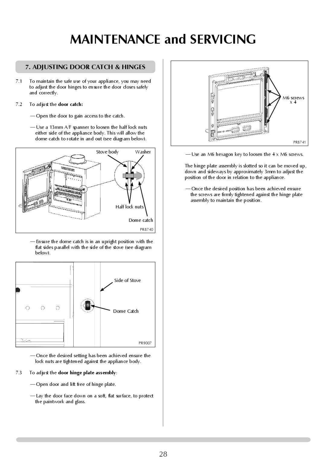 Yeoman YM-CL3MF, YM-CL8W, YM-CL5W, YM-CL8MF, YM-CL5MF Adjusting Door Catch & Hinges, Stove body, Half lock nuts Dome catch 