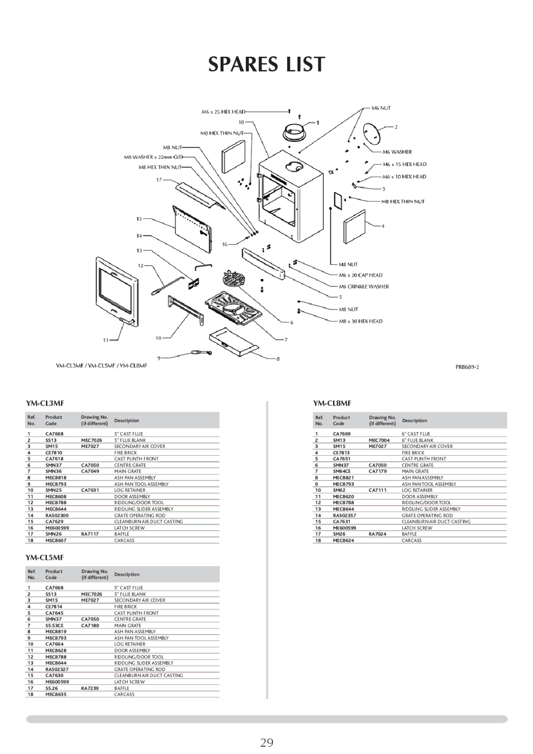 Yeoman YM-CL5MF, YM-CL8W, YM-CL5W, YM-CL8MF manual Spares List, YM-CL3MF 