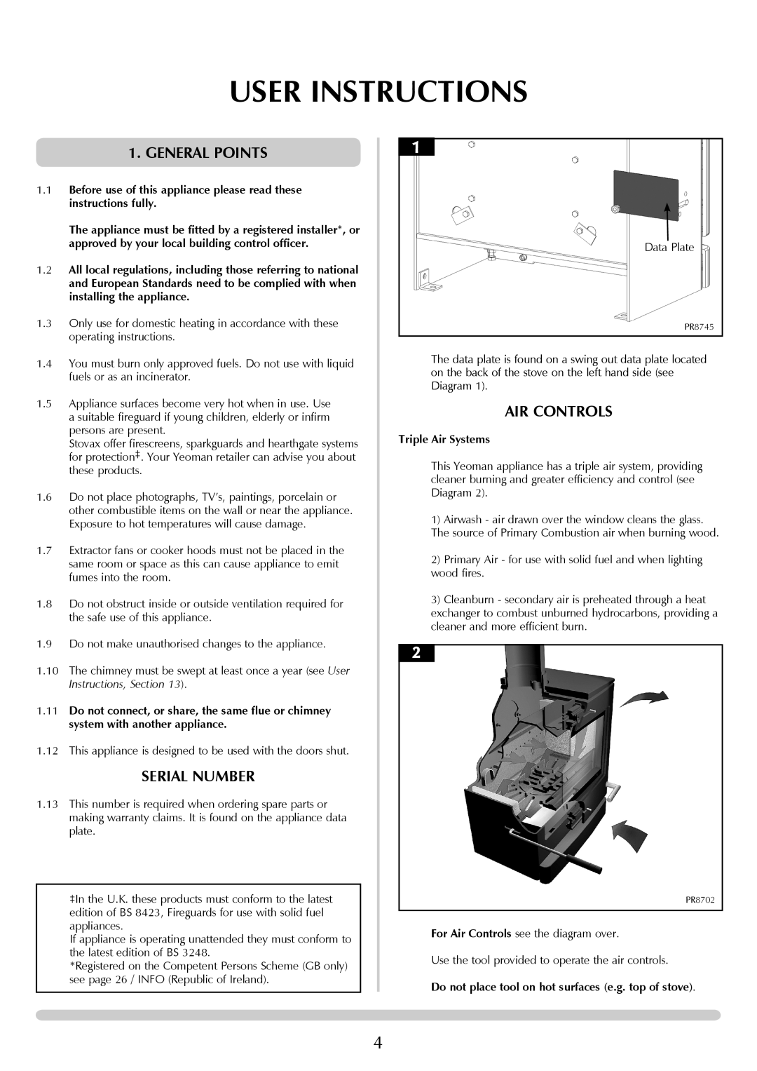 Yeoman YM-CL5MF, YM-CL8W, YM-CL5W, YM-CL8MF, YM-CL3MF manual User Instructions, General Points, Serial Number, AIR Controls 