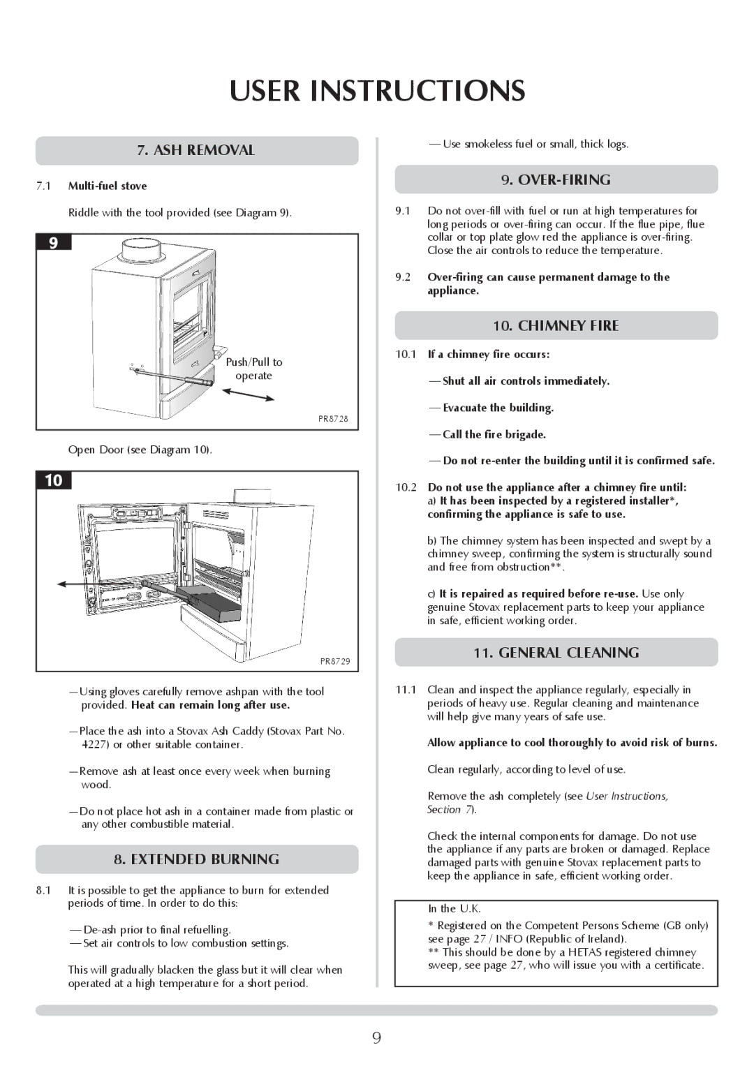 Yeoman YM-CL5MF, YM-CL8W, YM-CL5W, YM-CL8MF manual ASH Removal, Extended burning, Over-Firing, Chimney fire, General Cleaning 