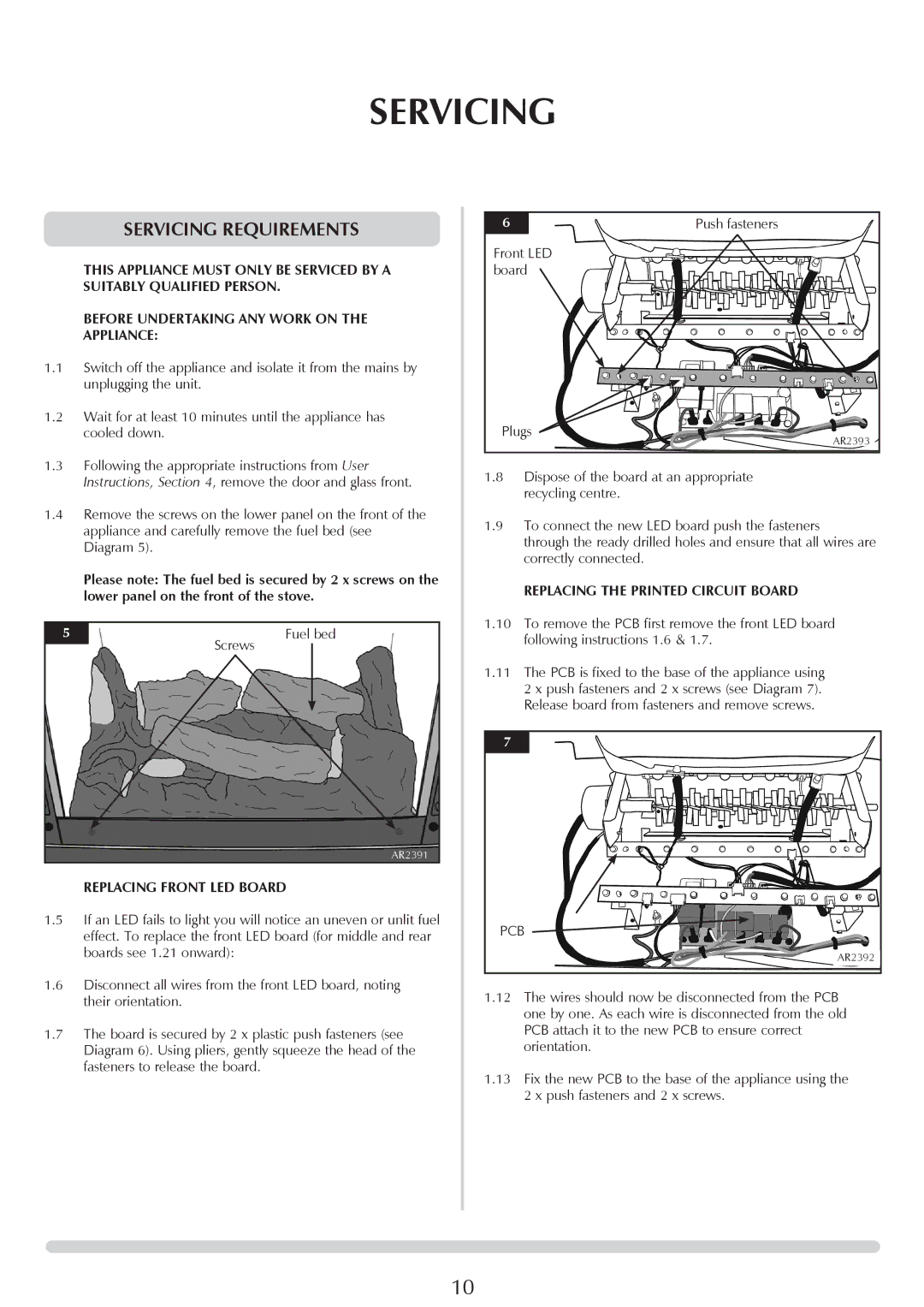 Yeoman YM-E9001FLA manual Servicing Requirements, Replacing Front LED Board, Replacing the Printed Circuit Board 